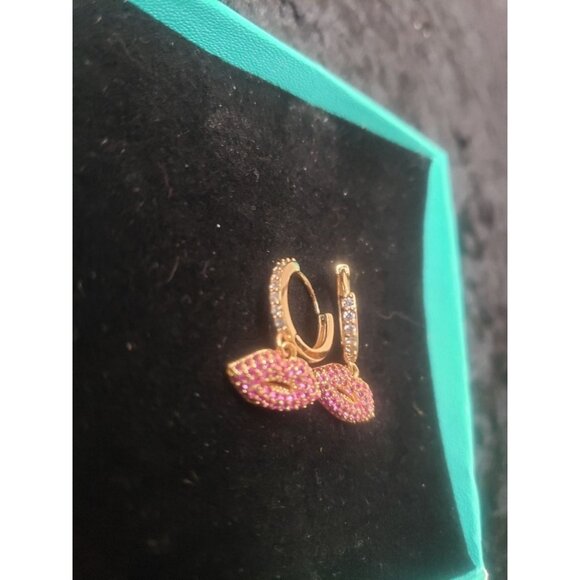 Lip Charm Hoop Earrings 14K Gold Plated CZ Lip Charm Dangle - Picture 5 of 6